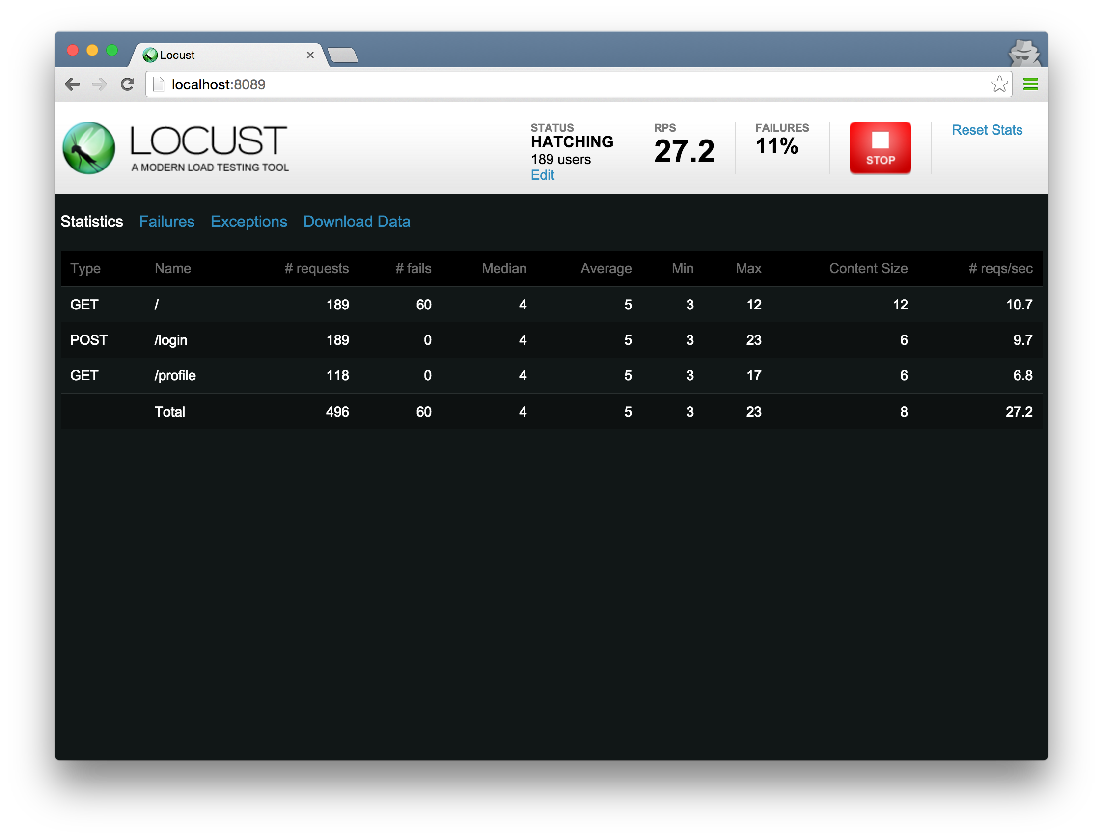 Running locust web UI