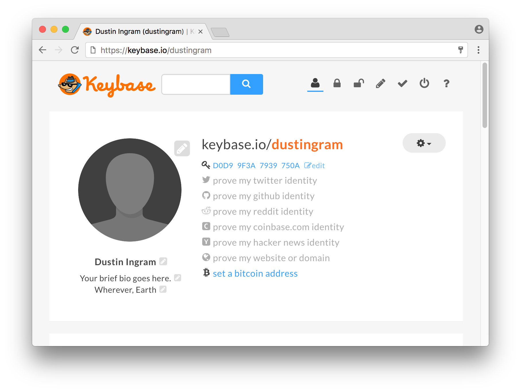 A Keybase profile showing a public key