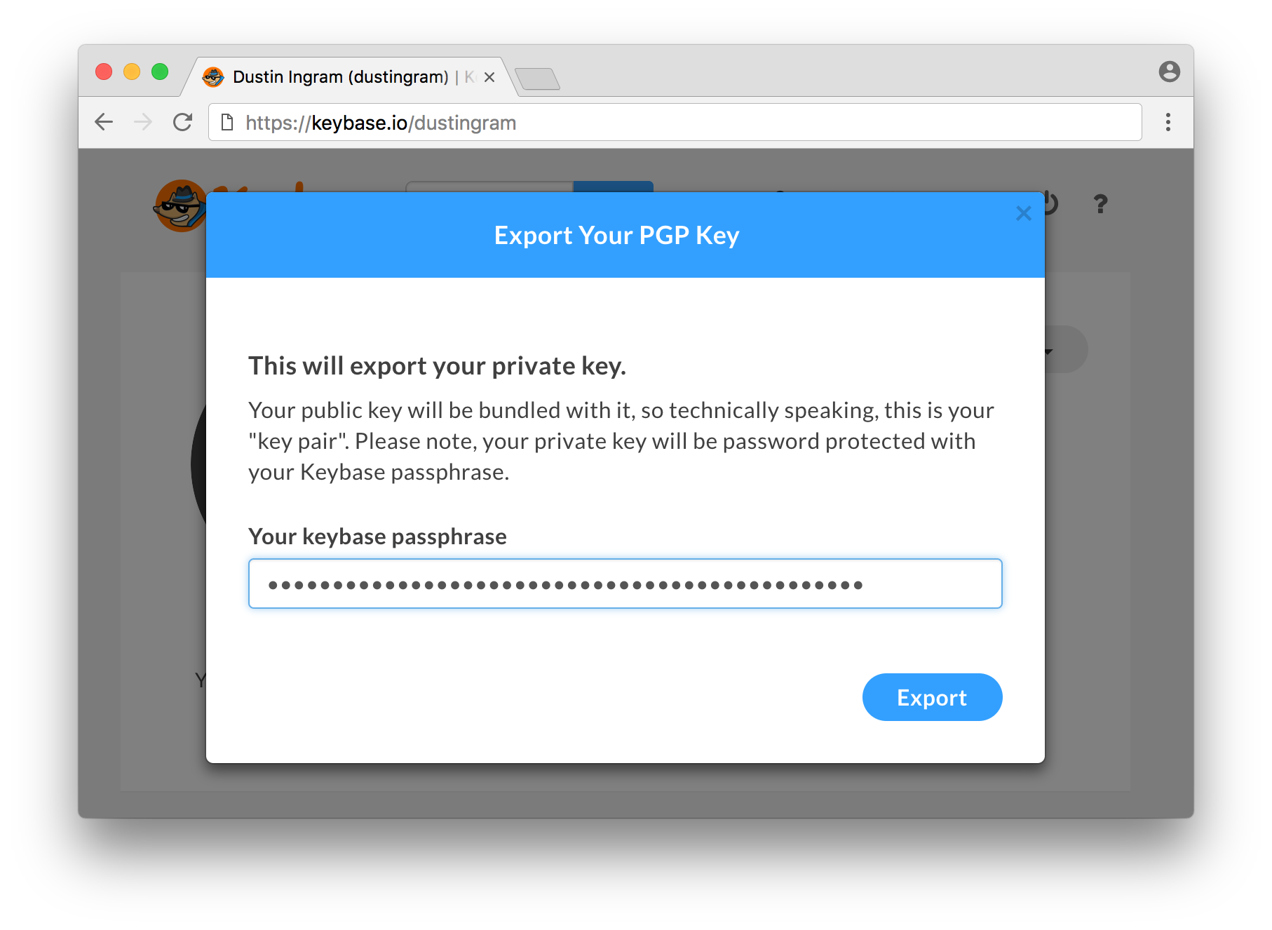 Keybase warning us that we are exporting our private key