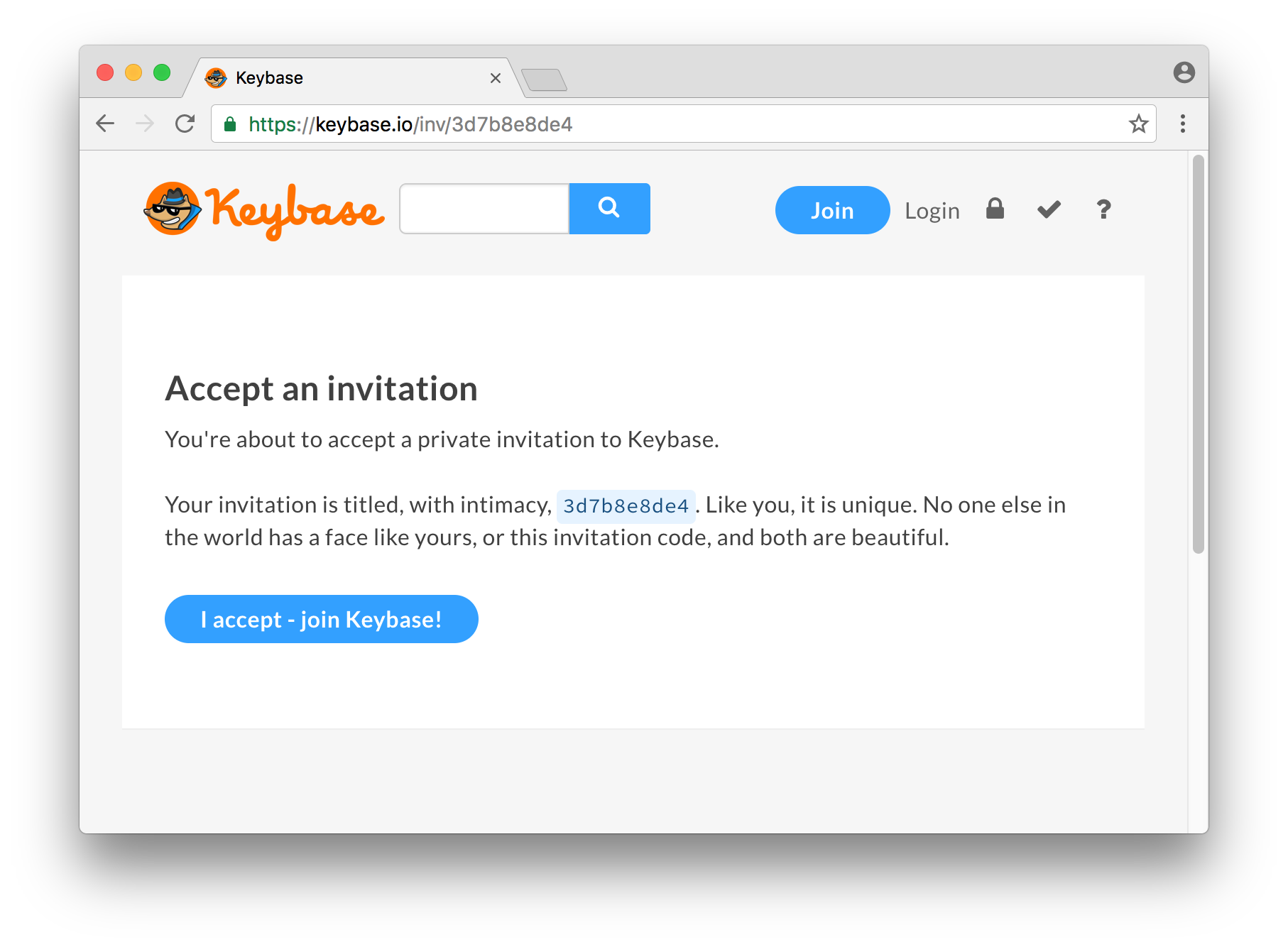 A prompt to accept a Keybase invitation