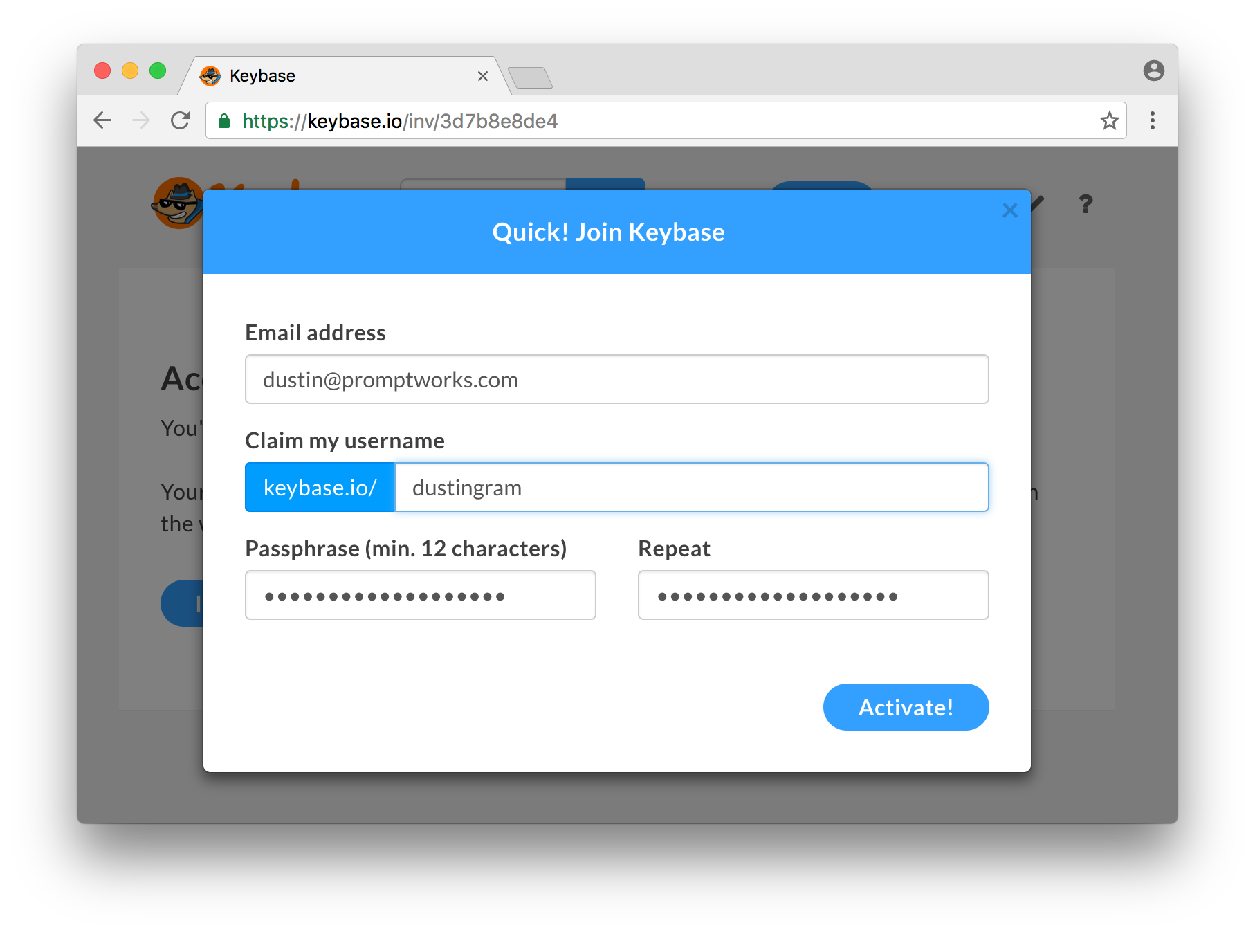 Creating a Keybase account with an email, username and password