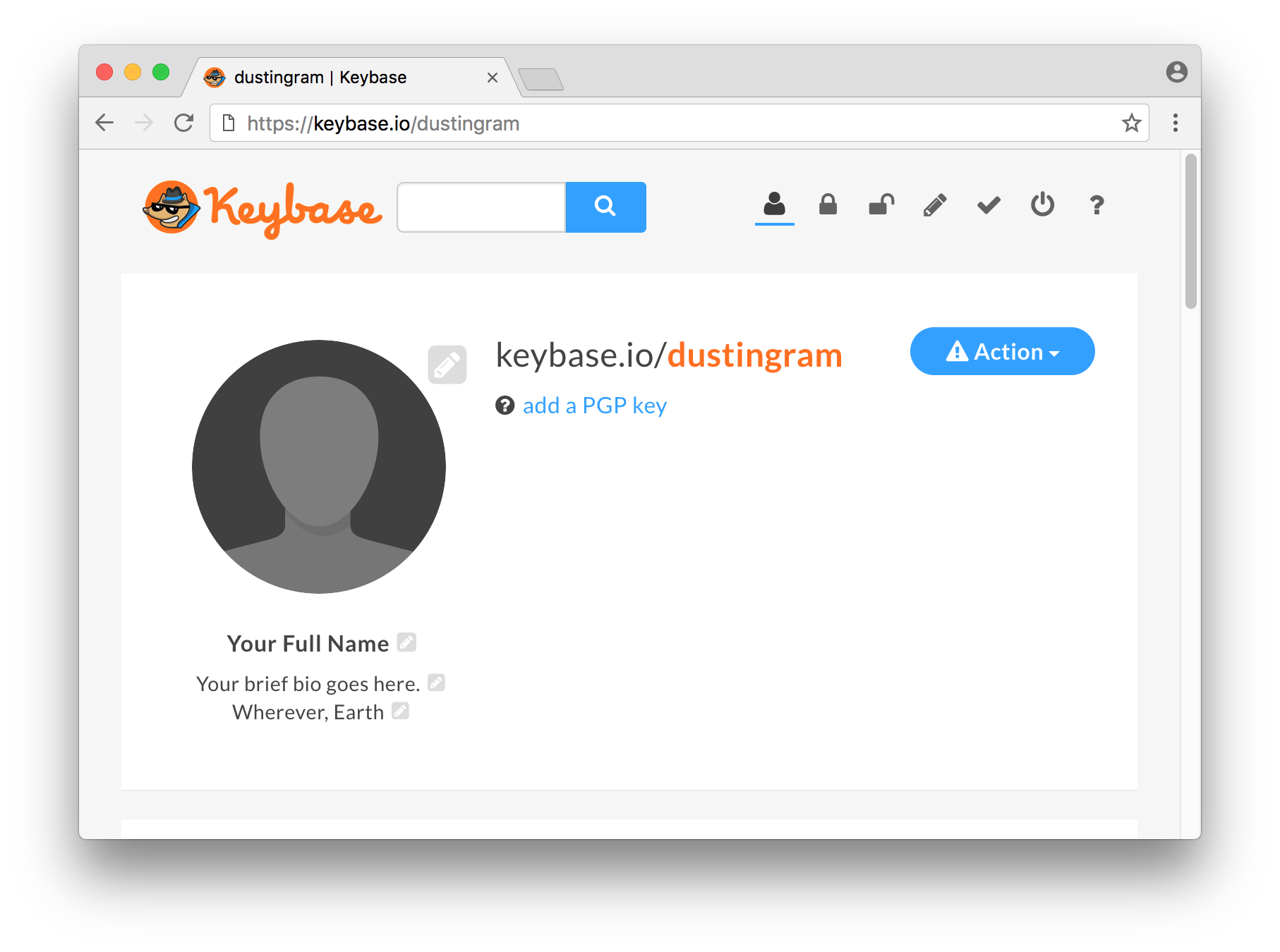 An empty Keybase profile, with a link that says "Add a PGP key"