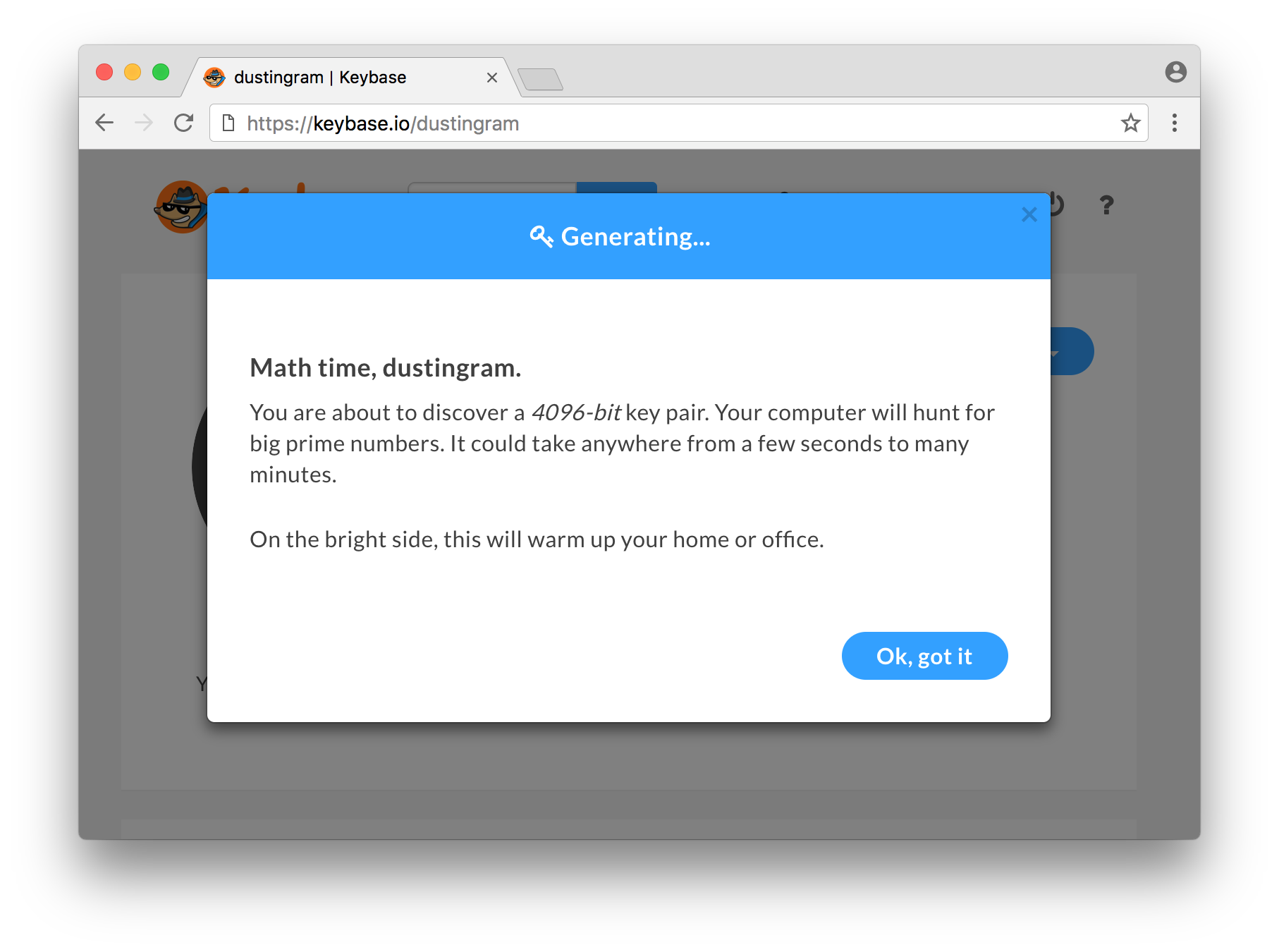 Keybase informing us that it will find a 4096 bit keypair