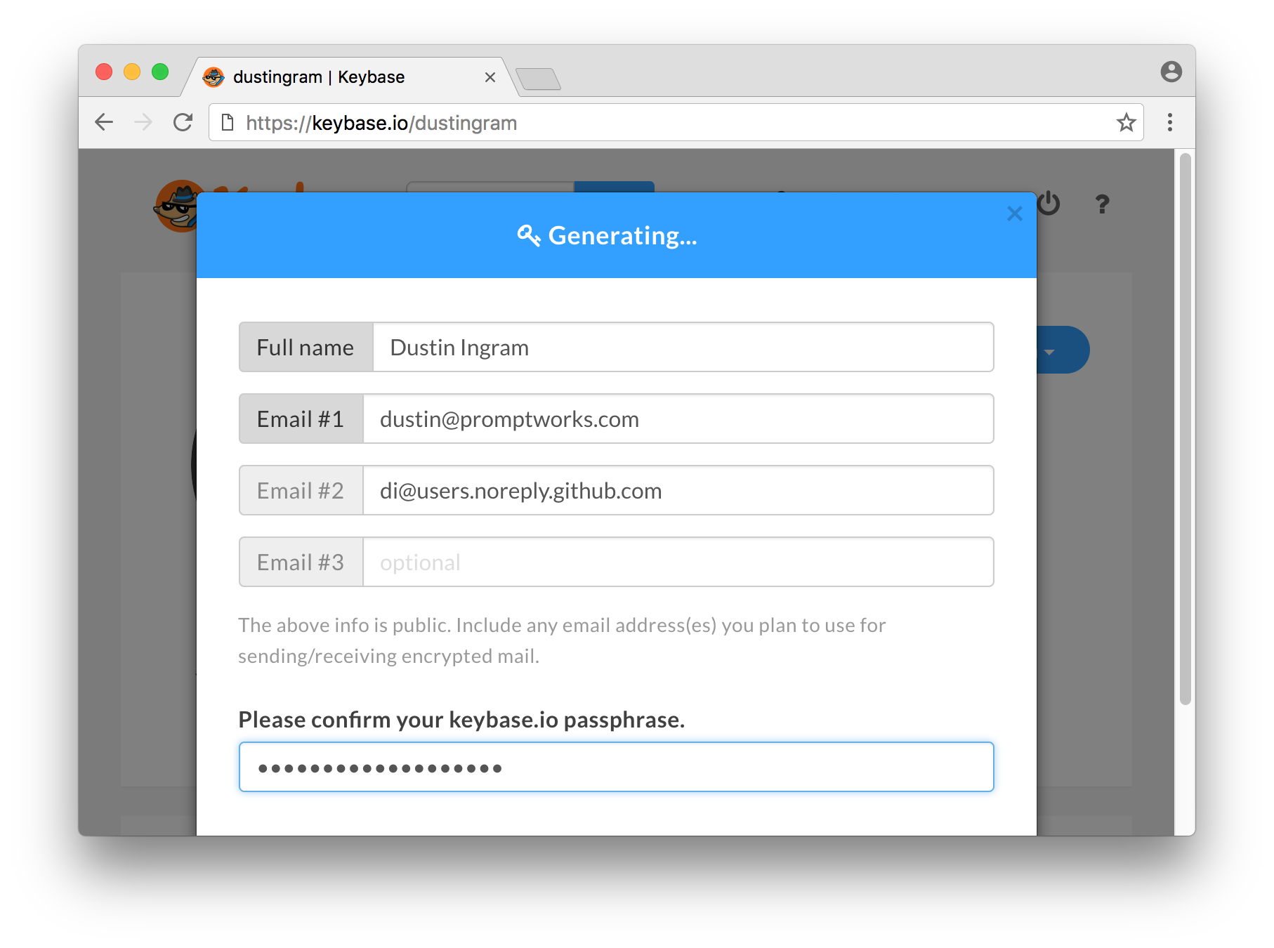 Adding a username and multiple emails to a Keybase public key