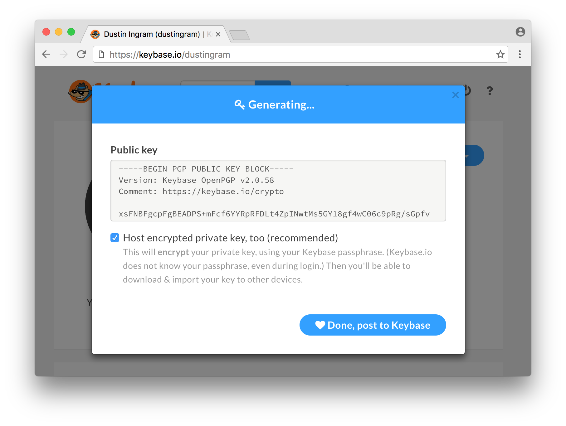 The public key that Keybase has generated for us, as well as the option to host an encrypted private key