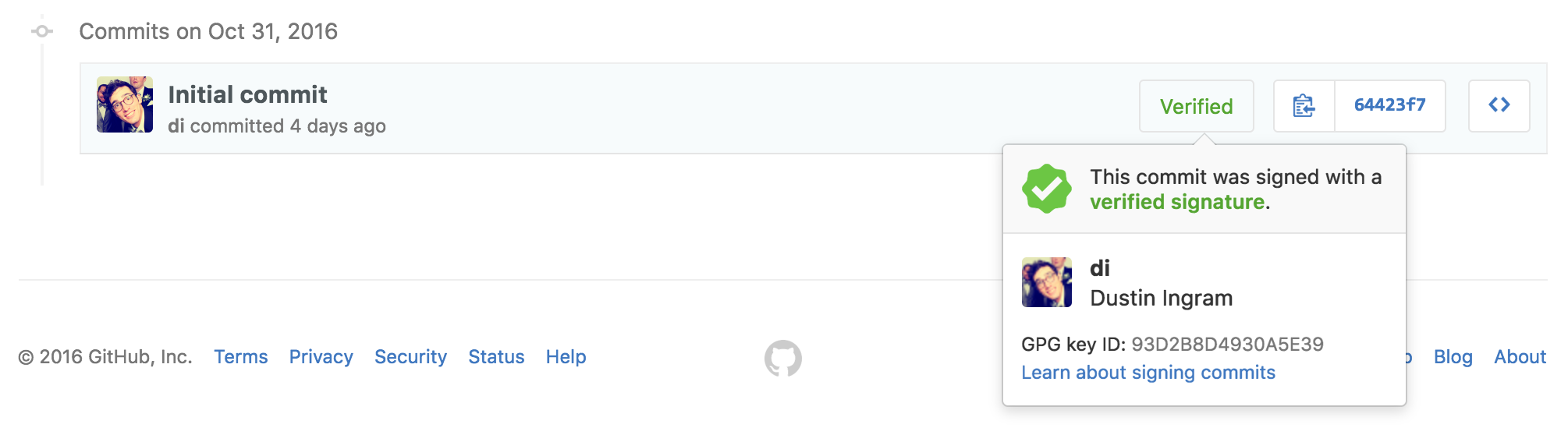 A GitHub commit with a "Verified" box next to it'